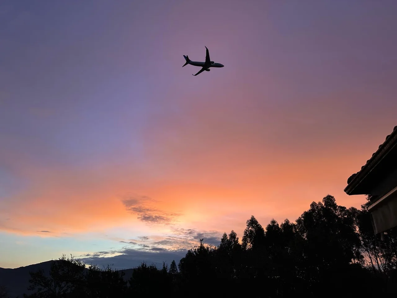 Avión sobre el paisaje de montañas y árboles al atardecer fotografiado desde El Bosque