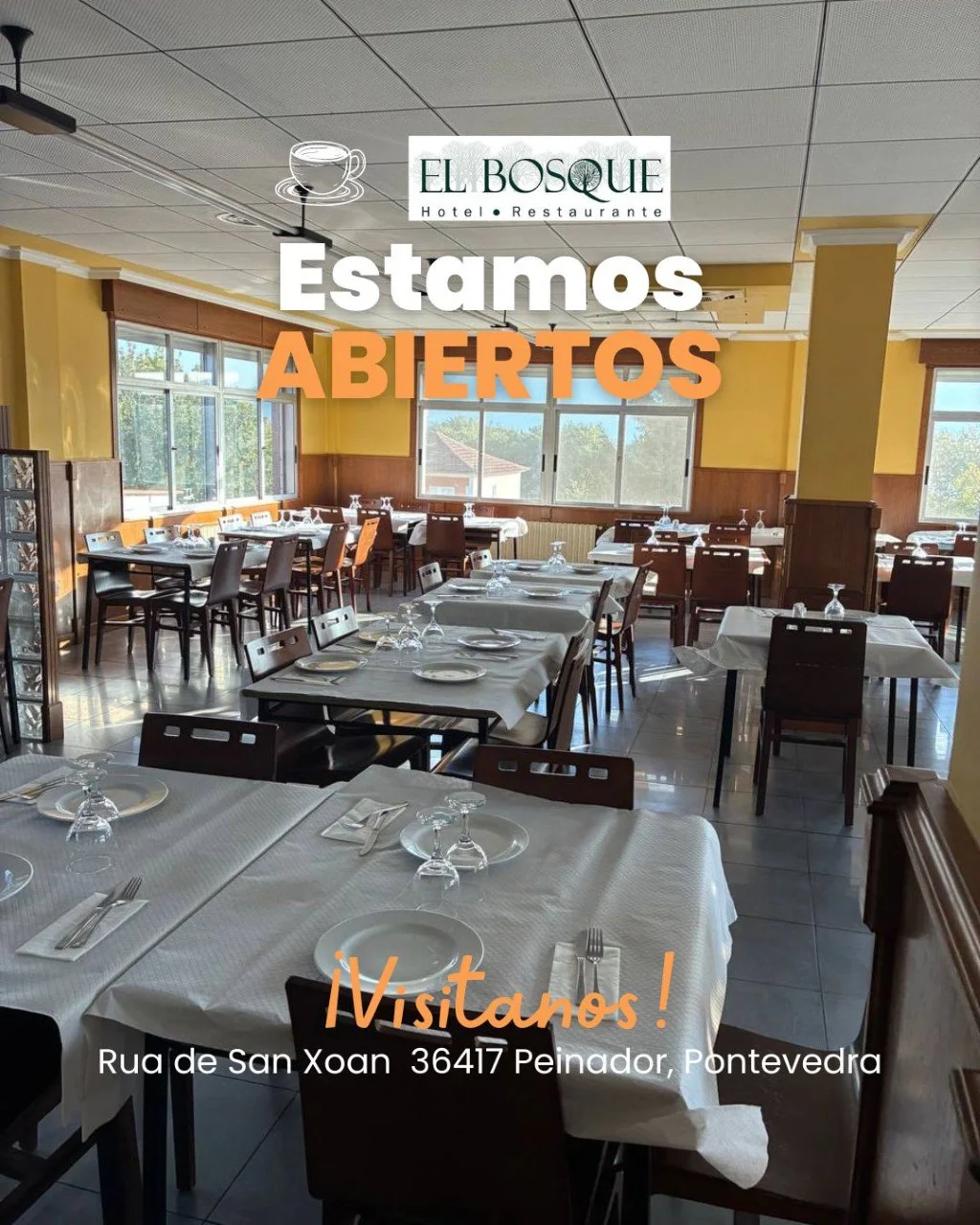 Imagen del comedor de El Bosque con el rótulo Estamos abiertos