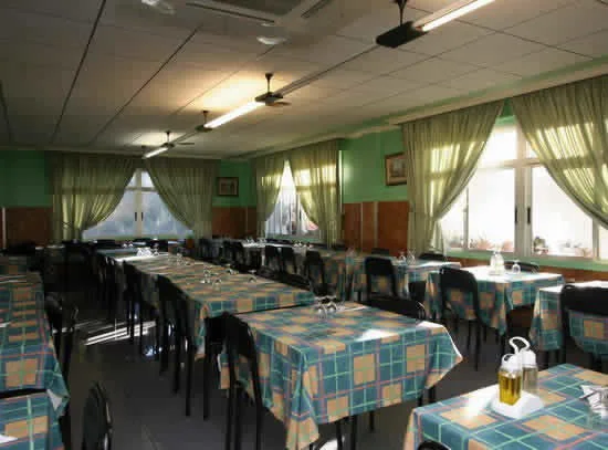 Comedor de El Bosque con mesas dispuestas junto a los ventanales