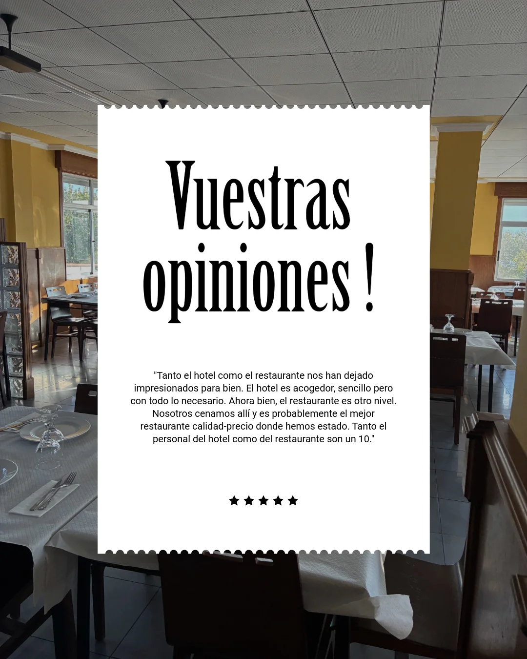Diseño de El Bosque con el texto Vuestras opiniones sobre una fotografía del comedor