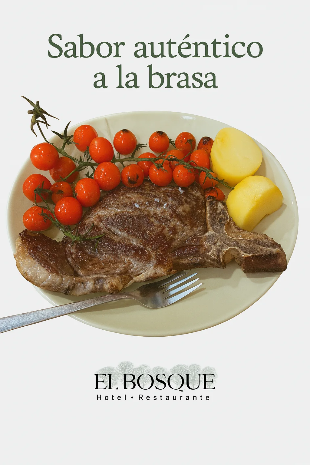 Diseño de El Bosque con una pieza de carne, tomates y patatas